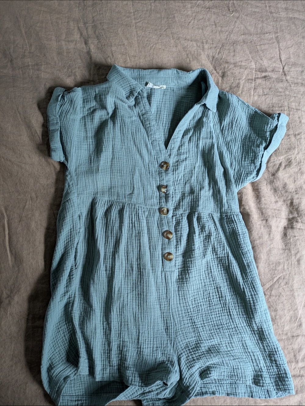 Green-Blue Cotton Gauze Button Romper - Medium